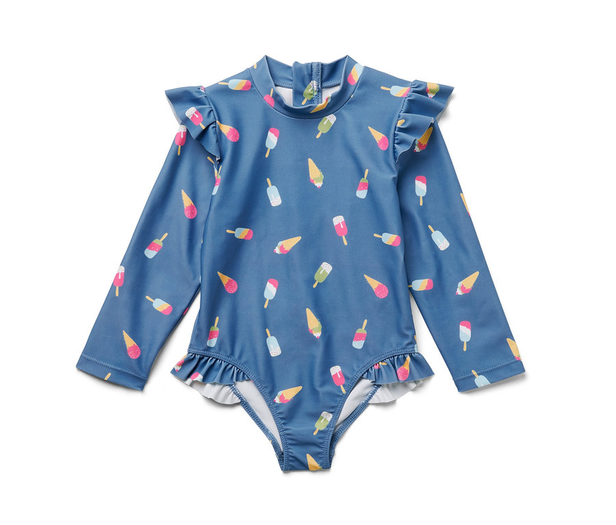Blauer Kinder-Badeanzug mit langen Ärmeln und Eiscreme-Motiv, UV-Schutzfaktor 80.