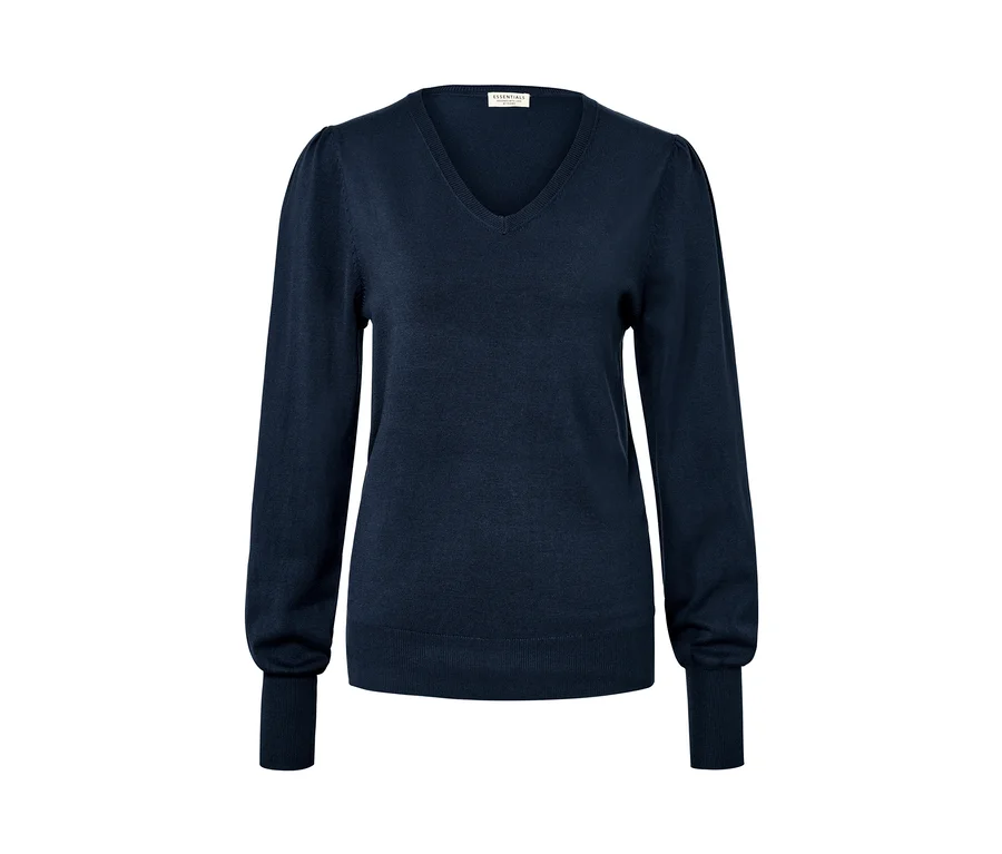Dunkelblauer Feinstrickpullover mit langen Ärmeln und V-Ausschnitt.