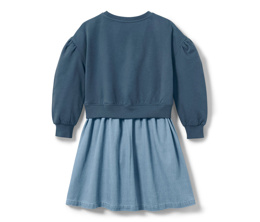 Blaues Kinder-Sweatkleid mit langen Ärmeln.