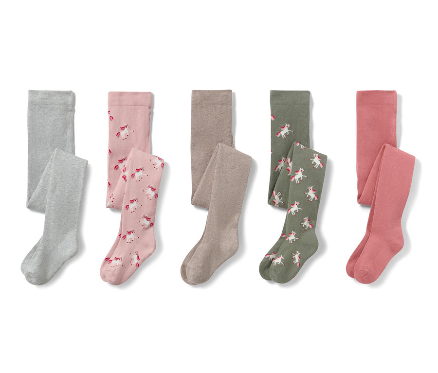 Fünf Baumwoll-Strumpfhosen mit Einhorn-Motiv in Grau, Rosa, Beige, Grün und Rot.