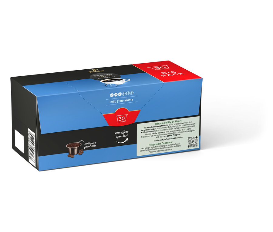 Packung mit 30 Cafissimo Kaffee mild Kapseln.
