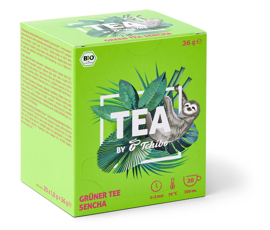 Packung TEA by Tchibo Bio Grüner Tee Sencha mit Faultier-Illustration.