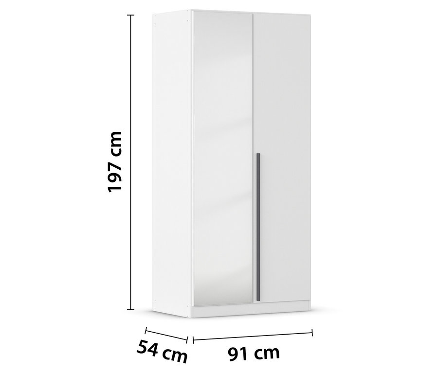 Weißer zweitüriger Schrank mit den Maßen 197 cm Höhe, 91 cm Breite und 54 cm Tiefe.