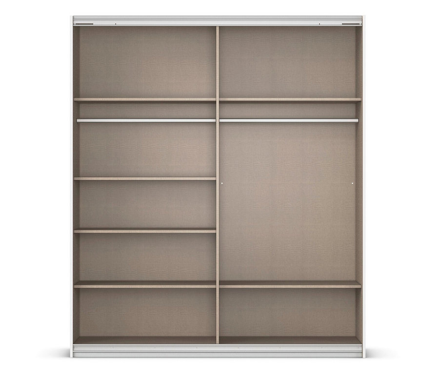 Beiger Schiebetürenschrank mit Regalen auf der linken Seite und einer Kleiderstange auf der rechten Seite.