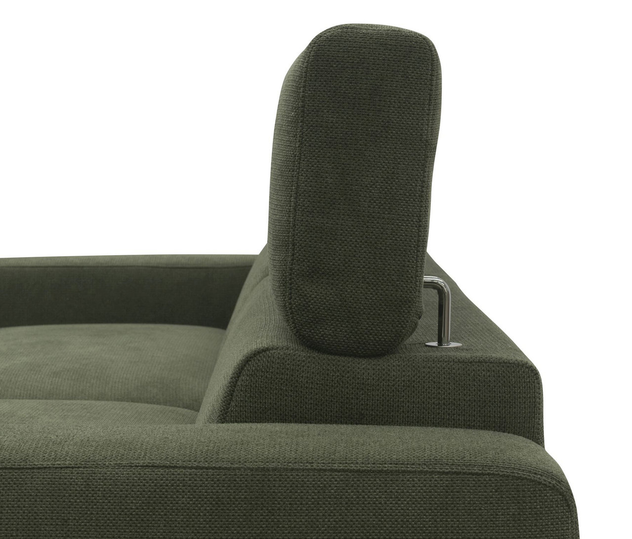Detailansicht des DOMO Eck-Schlafsofas mit Hocker, grün und rechtsbündig.