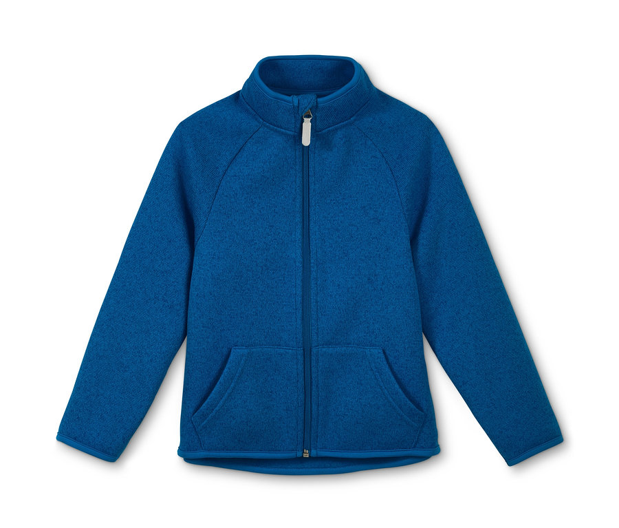 Blaue Strickfleece-Jacke mit Reißverschluss und Taschen.