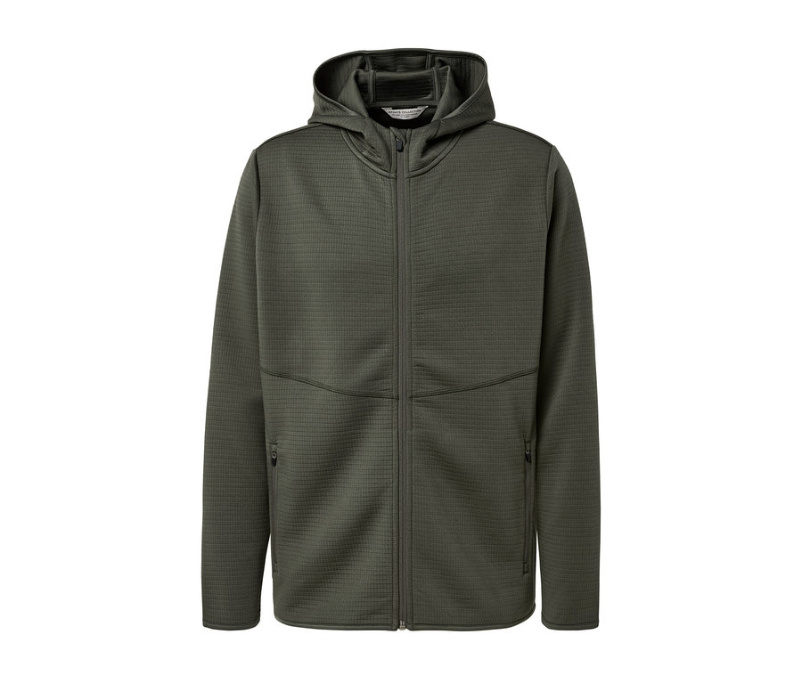 Khakifarbene Funktionsjacke mit Reißverschluss und Kapuze.