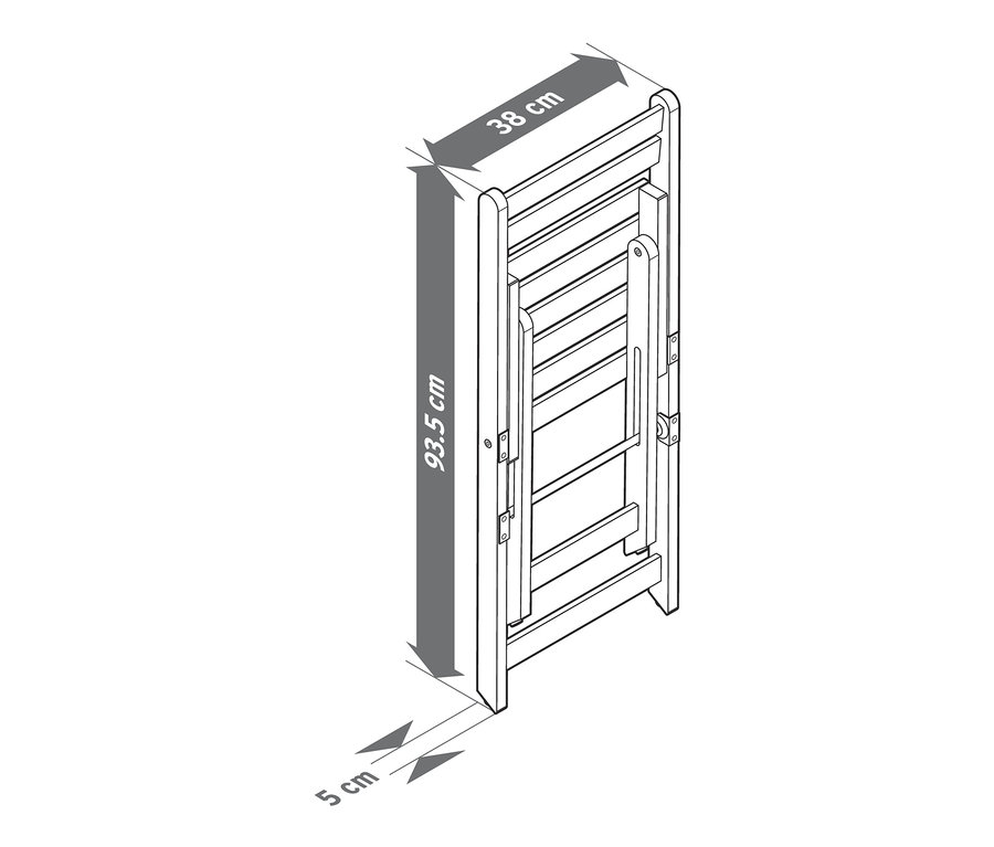 Illustration eines Balkon-Dining Sets »Lenja« mit Regal im zusammengeklappten Zustand. Die Maße des Sets sind 93,5 cm x 38 cm x 5 cm.