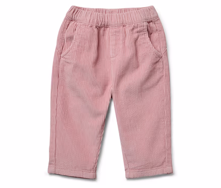 Rosa Cordhose mit Gummibund und Taschen.