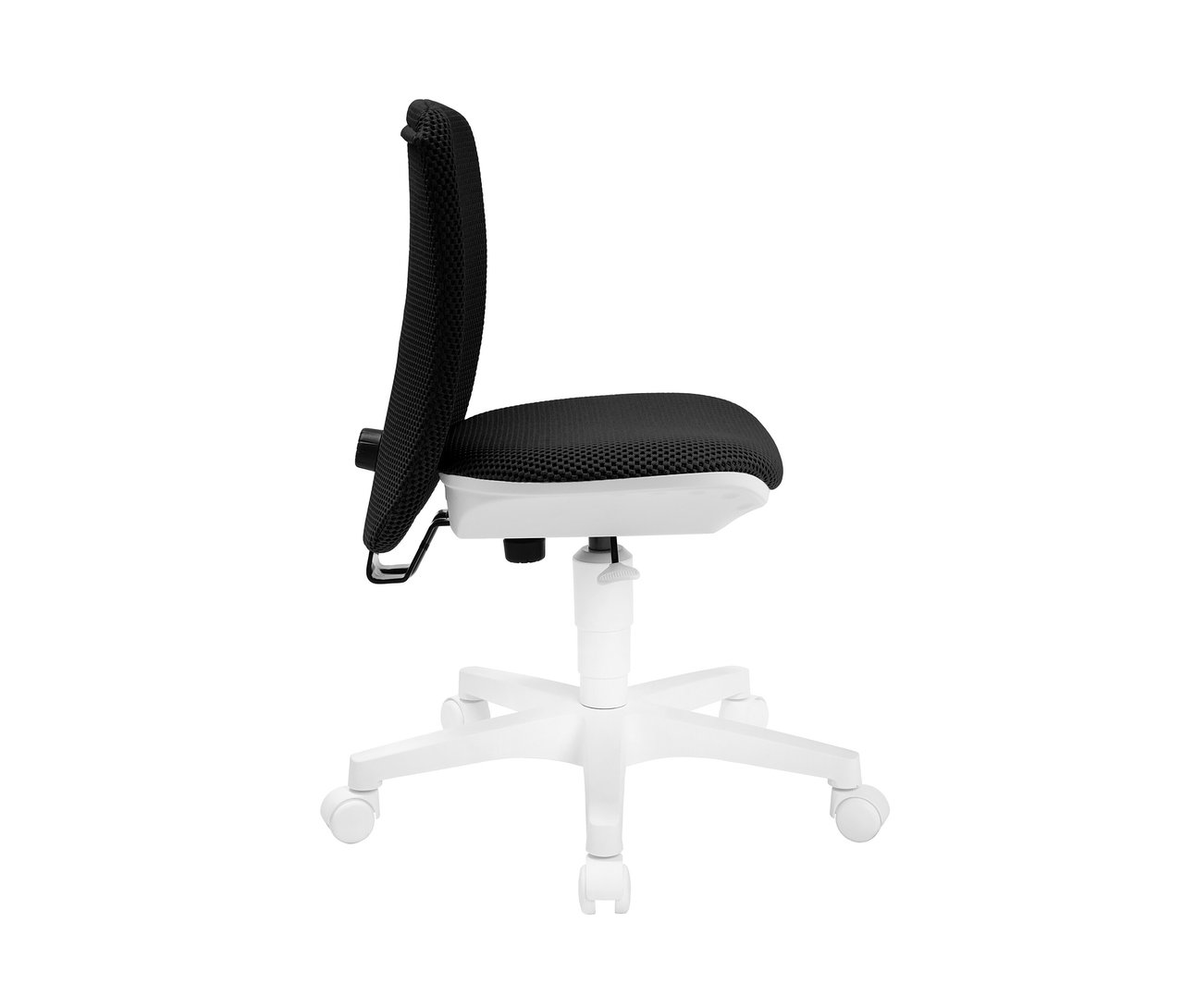 Seitenansicht des schwarzen Topstar Sitness »Home S'cool« Stuhls mit weißem Gestell.