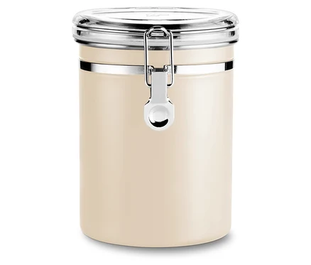 Eine Aromadose in Friendly Beige mit silberfarbenem Verschluss steht vor einem weißen Hintergrund.