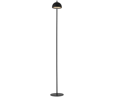 Eine schwarze Stehlampe mit rundem Schirm vor einem weißen Hintergrund.
