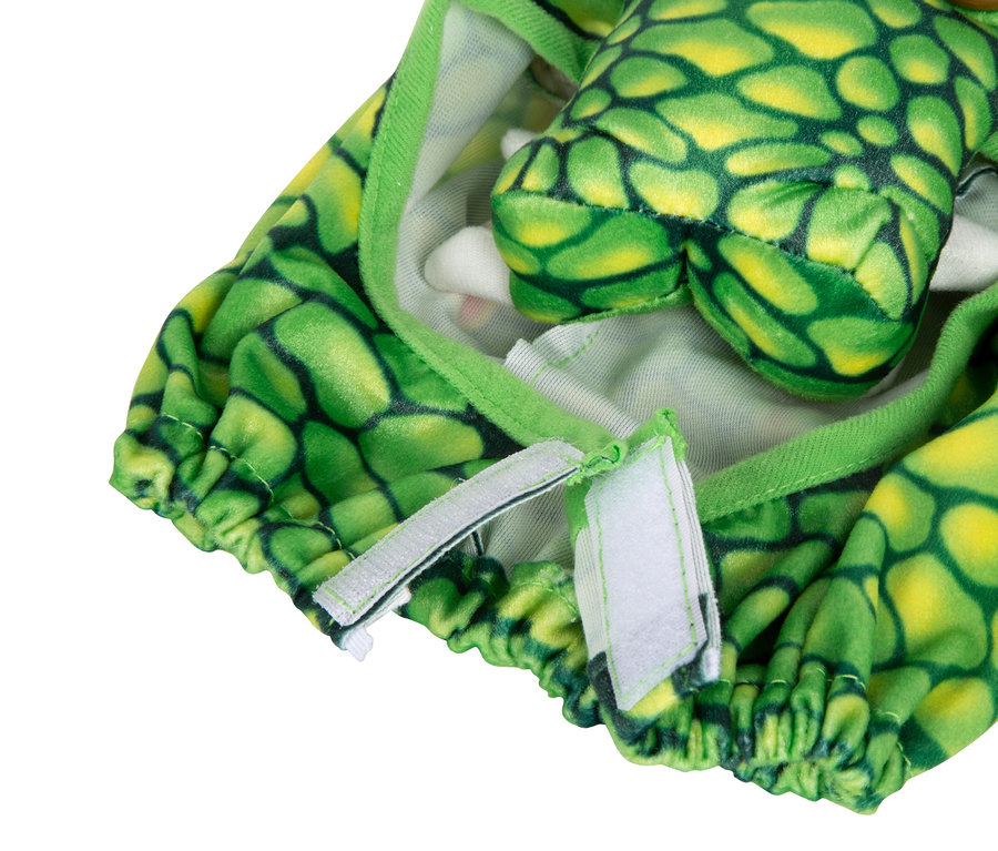 Detailansicht des grünen small foot Kostüms »Drache« mit Kapuze und Klettverschluss.