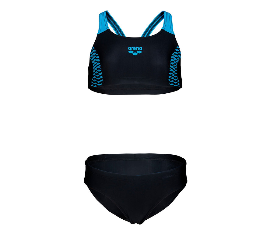 Schwarzer arena Feel Kinder-Bikini Openings Energy Back mit blauen Details.