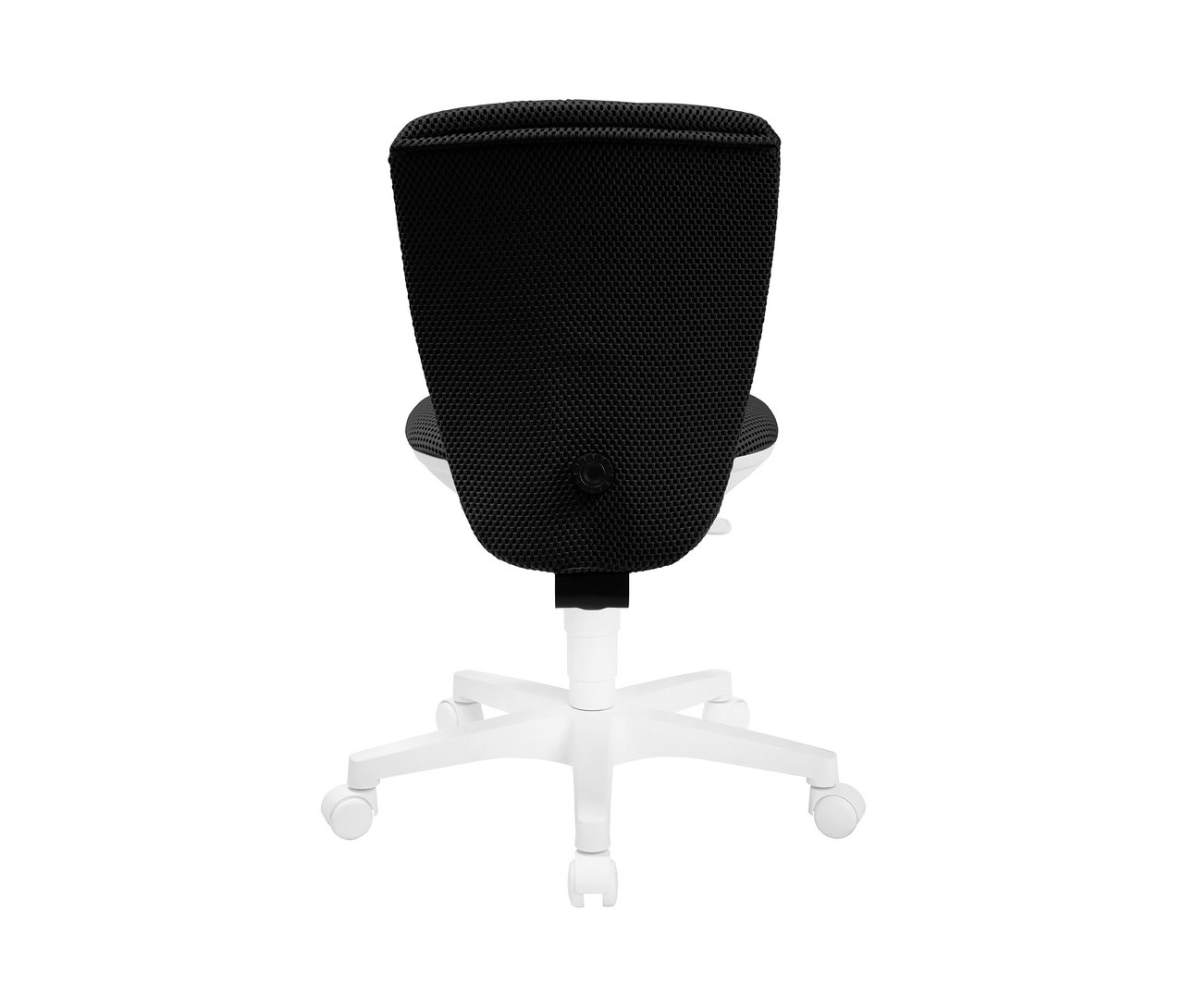 Rückansicht eines schwarzen Topstar Sitness "Home S'cool" Stuhls mit weißem Gestell.