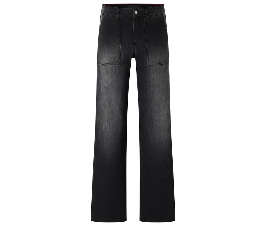 Schwarze Jeans mit weitem Bein und Taschen auf der Vorderseite.