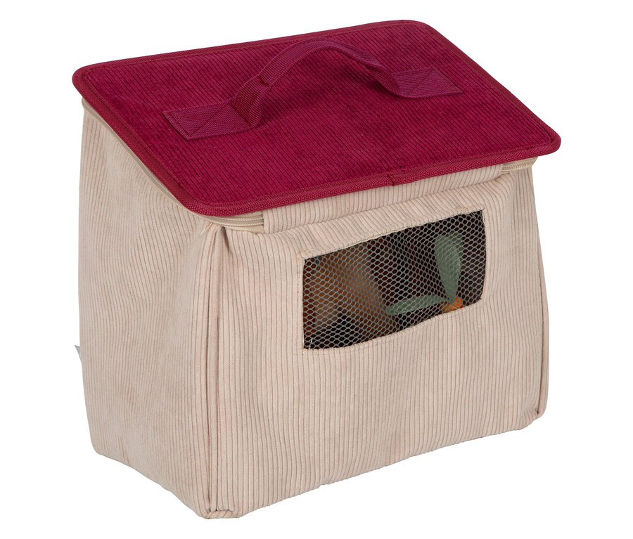 Ein Spiel-Set Pferd mit Stall von small foot ist zu sehen. Das Spielhaus hat ein rotes Dach und beige Wände.