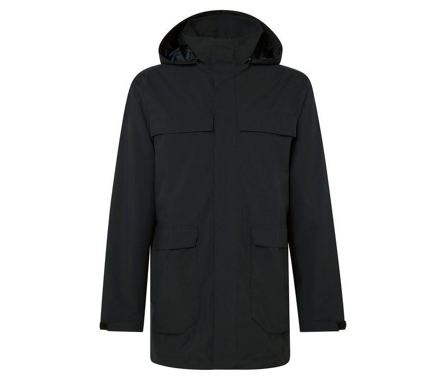 Schwarze Kapuzenjacke mit Taschen.