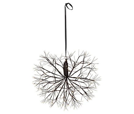 Eine schwarze kugelförmige Lampe mit LED-Lichtern, die an einem schwarzen Band aufgehängt ist.