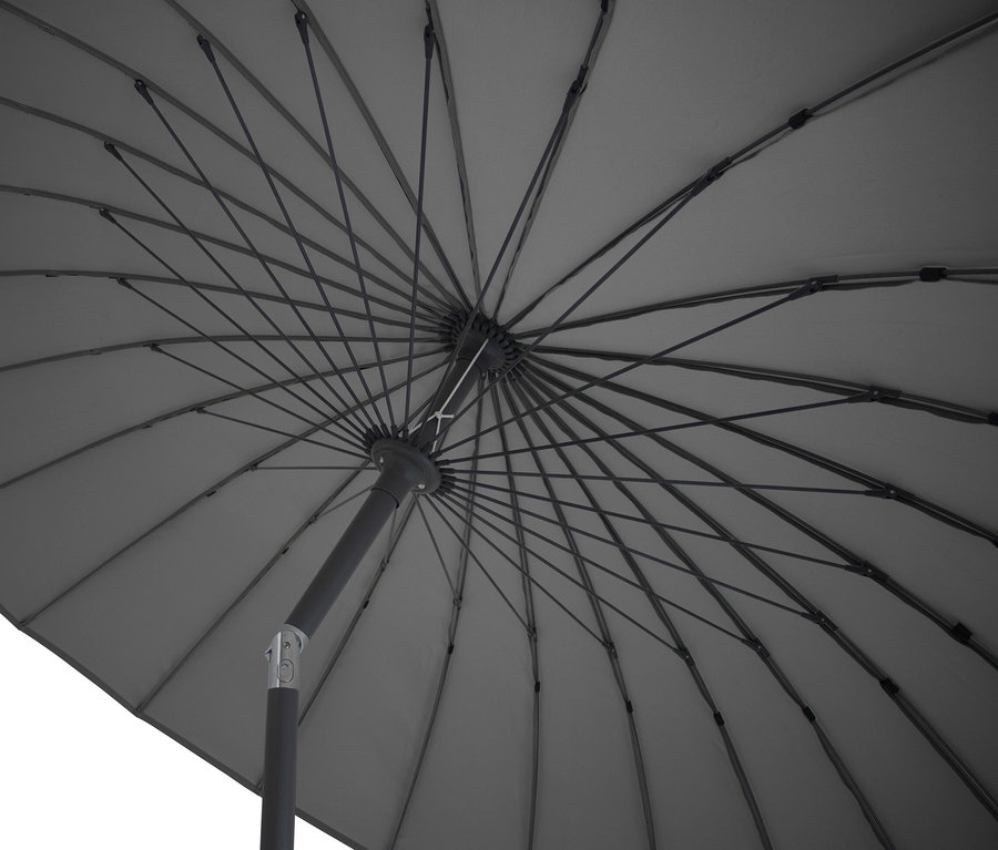 Detailansicht von unten des anthrazitfarbenen Leco Shanghai Sonnenschirms mit einem Durchmesser von 270 cm.
