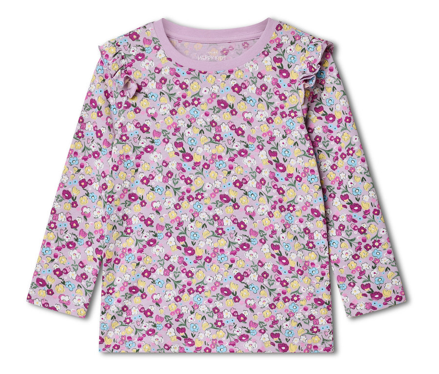 Ein langärmliges, hellviolettes Kinderhemd mit einem Blumenmuster in Gelb, Rosa, Blau und Grün.