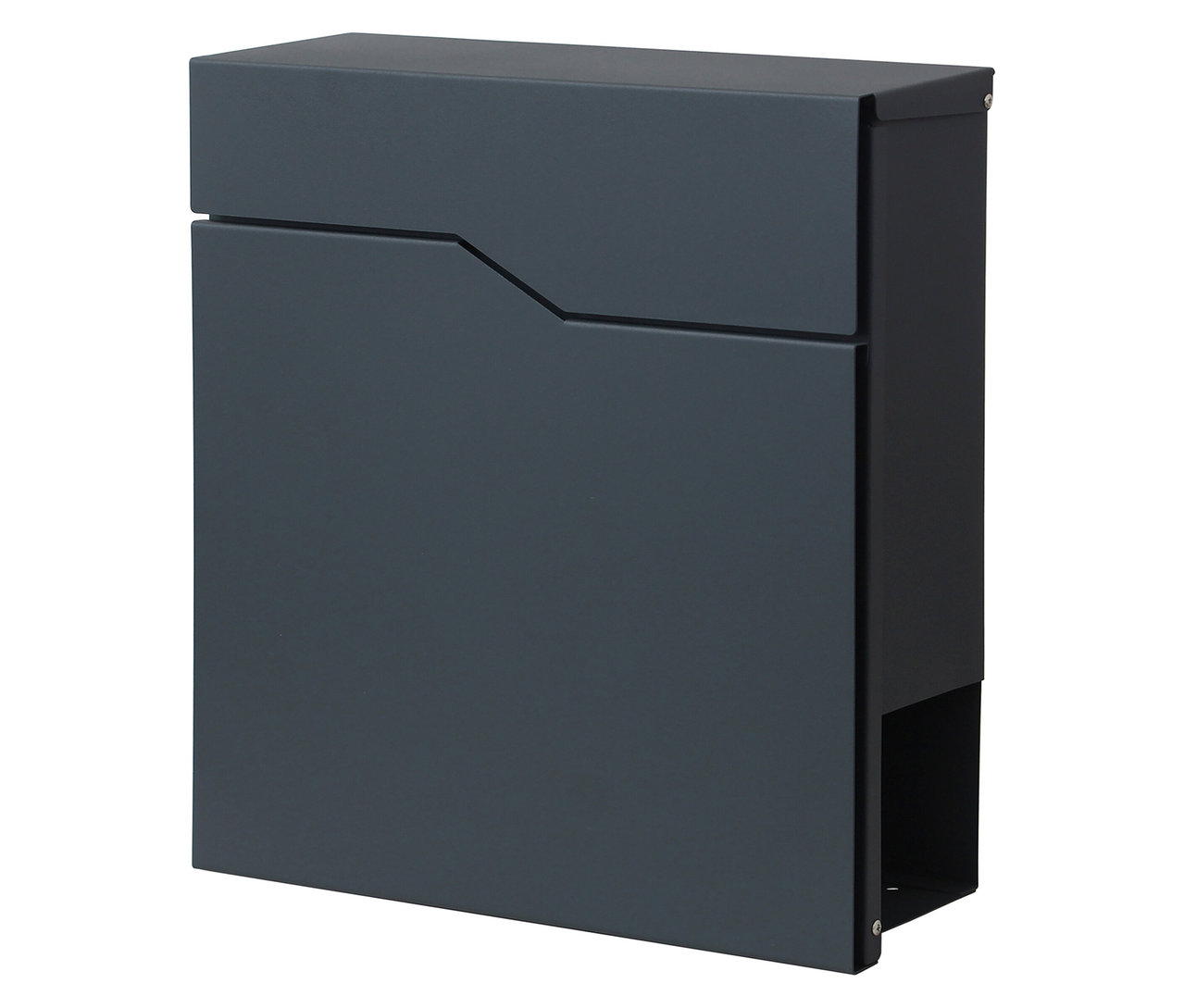 Ein anthrazitfarbener Briefkasten vor einem weißen Hintergrund.