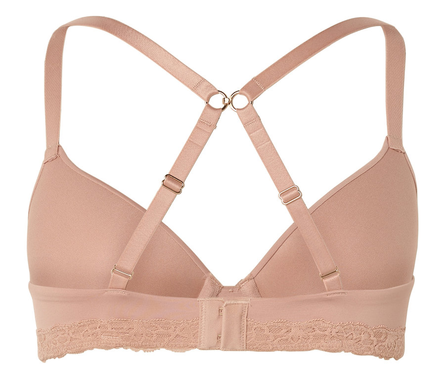 Rückansicht eines hautfarbenen BHs mit verstellbaren Trägern und Spitzenbesatz.