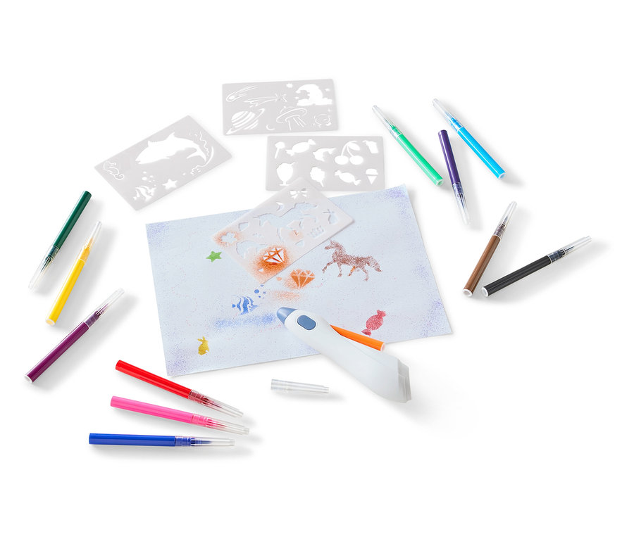 Glitzerstift-Set mit Schablonen und Papier. Verschiedene Farben.