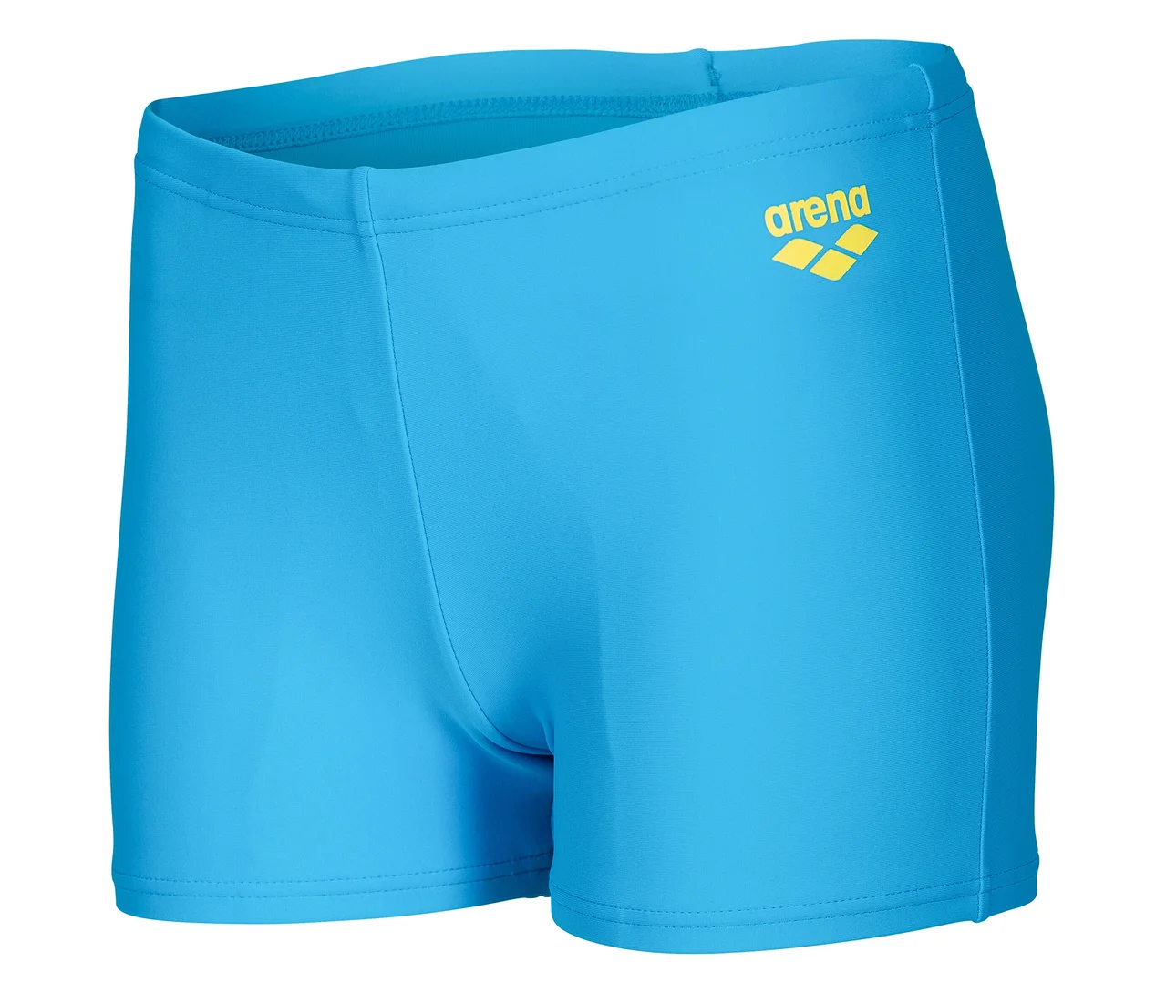 Hellblaue Badehose mit gelbem Arena-Logo.