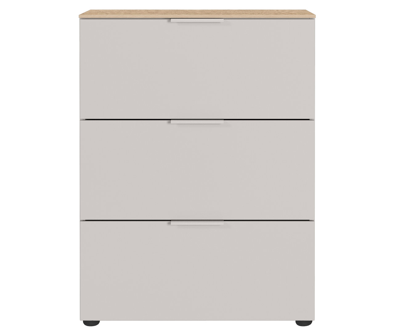 Eine kleine, kaschmirfarbene »Savoca« Kommode mit Eichenholzplatte ist zu sehen.