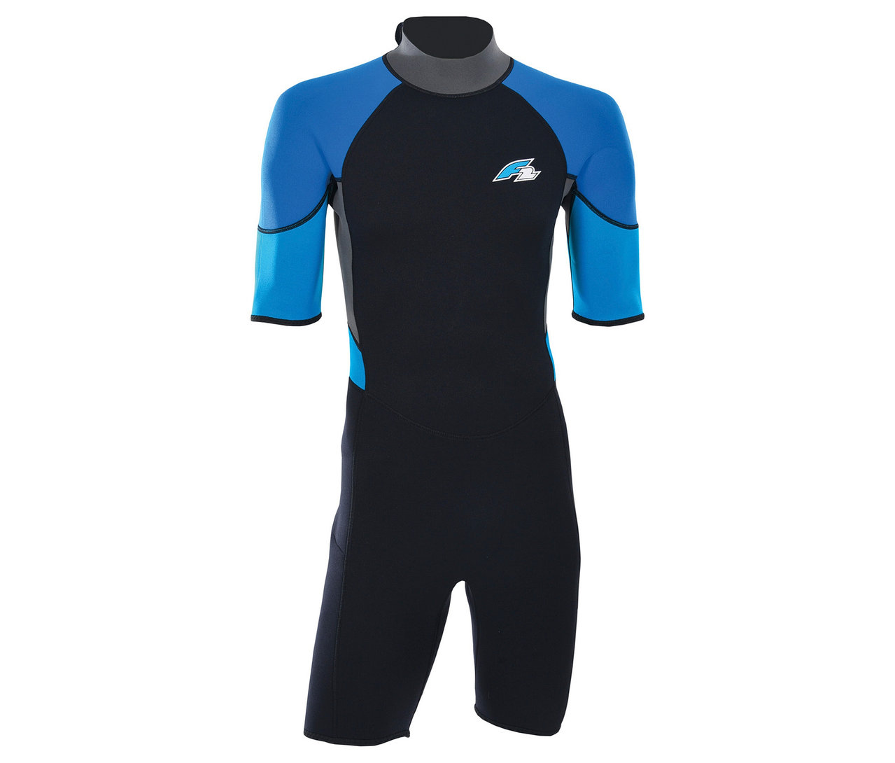 Blau-schwarzer Neoprenanzug mit kurzen Ärmeln und Hosenbeinen, sowie grauem Kragen und einem Logo auf der Brust.