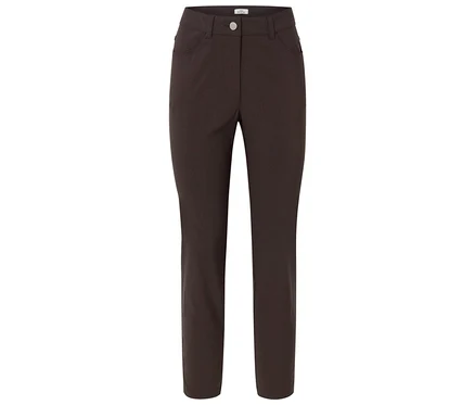 Braune Hose mit Taschen und Knopfverschluss vor weißem Hintergrund.