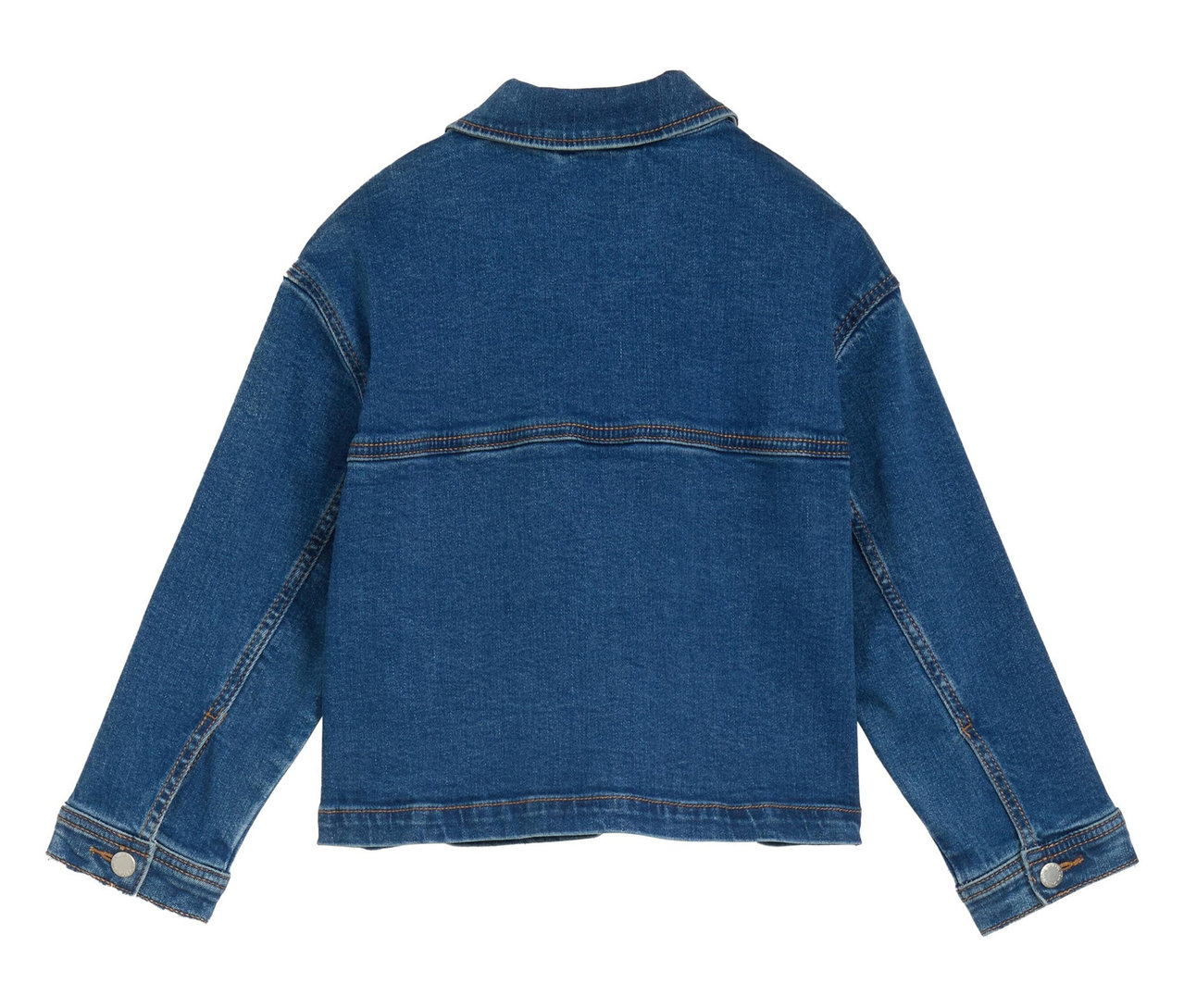 Rückansicht einer blauen Jeansjacke mit Kragen.