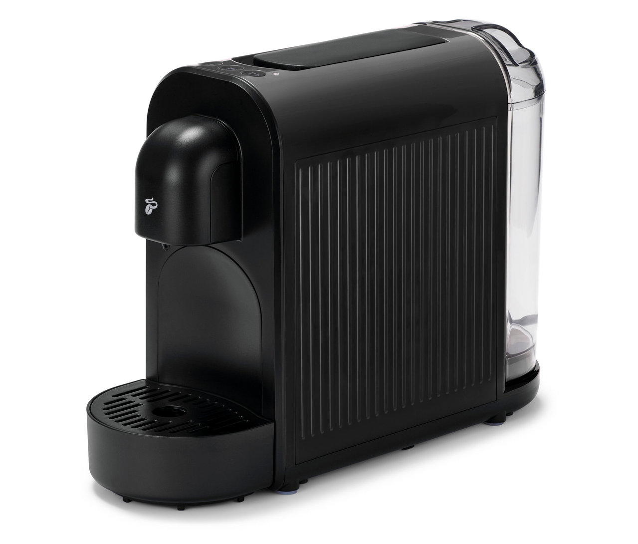 Die schwarze Cafissimo now black Kaffeekapselmaschine steht auf einem weißen Untergrund.