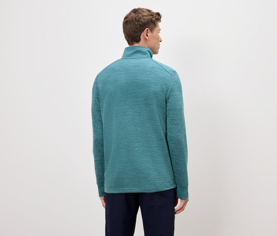 Rückansicht eines Mannes mit hellbraunem Haar, der einen türkisfarbenen Pullover mit Reißverschluss und marineblaue Hosen vor einem cremefarbenen Hintergrund trägt.