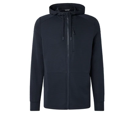 Nahaufnahme einer dunkelblauen Kapuzenjacke mit Reißverschluss.