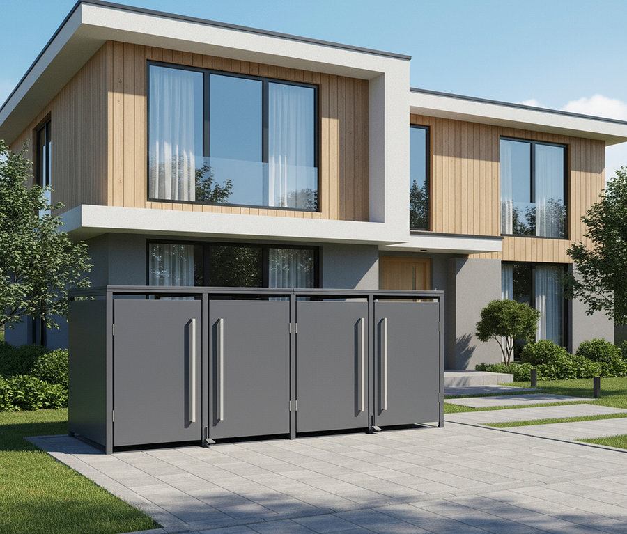 Graue Mülltonnenbox vor einem modernen zweistöckigen Haus mit Holzelementen.
