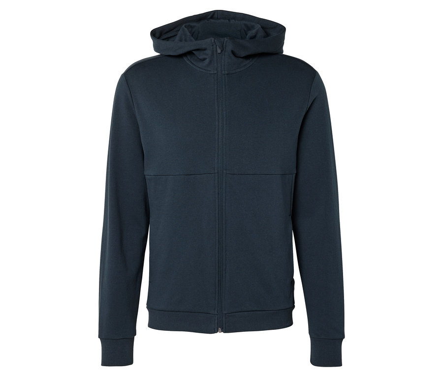Dunkelblaue Kapuzenjacke mit durchgehendem Reißverschluss.