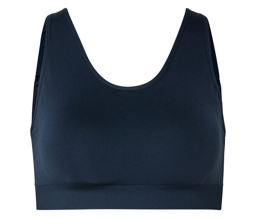Dunkelblauer Sport-BH mit breitem Unterbrustband und Racerback-Design.