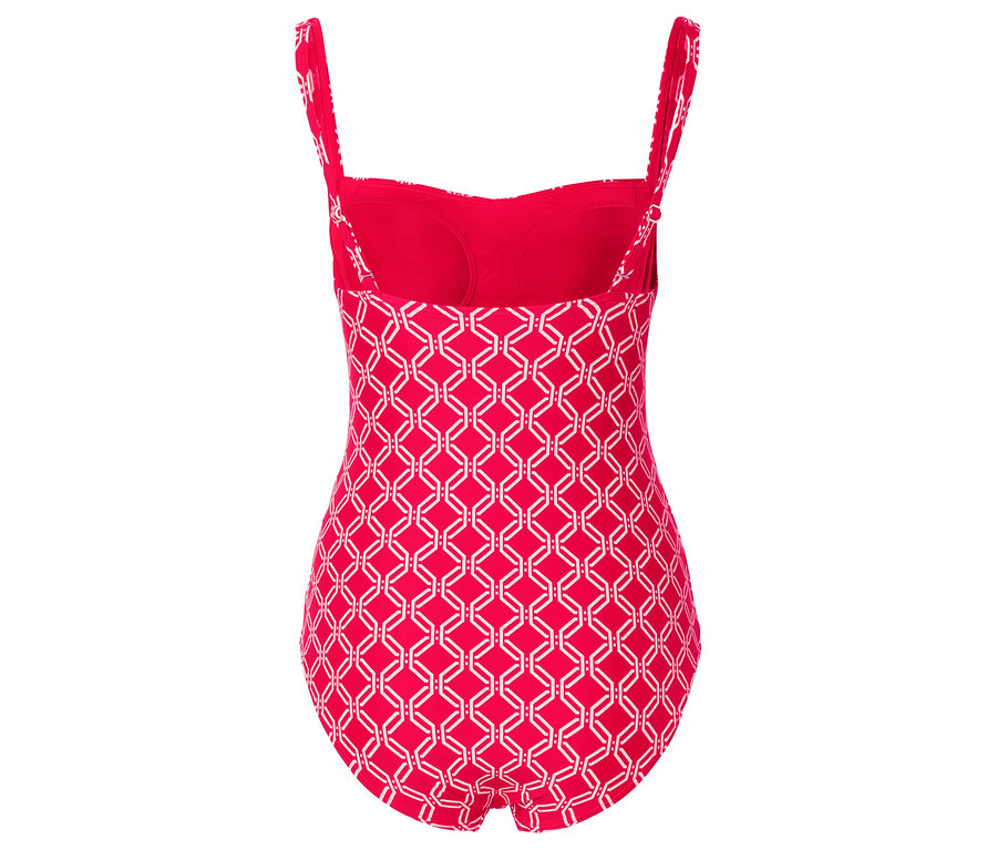 Rückansicht eines roten Badeanzugs mit weißem geometrischen Muster.