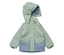 Hellgrüne Kinderregenjacke mit blauen Taschen und Kapuze, auf weißem Hintergrund liegend.
