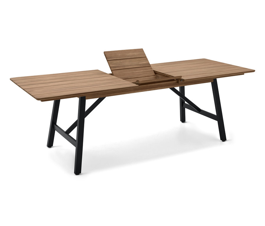 Ausgezogener Holztisch mit schwarzem Metallgestell.