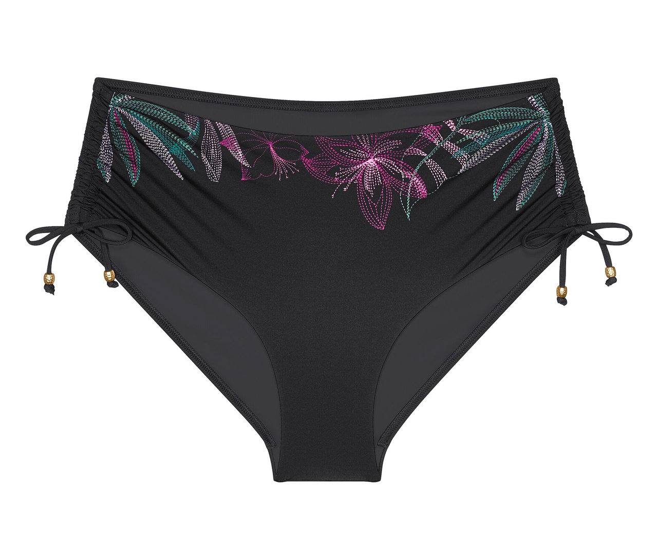 Schwarze Bikinihose mit Blumenmuster am Bund und Raffdetails an den Seiten.