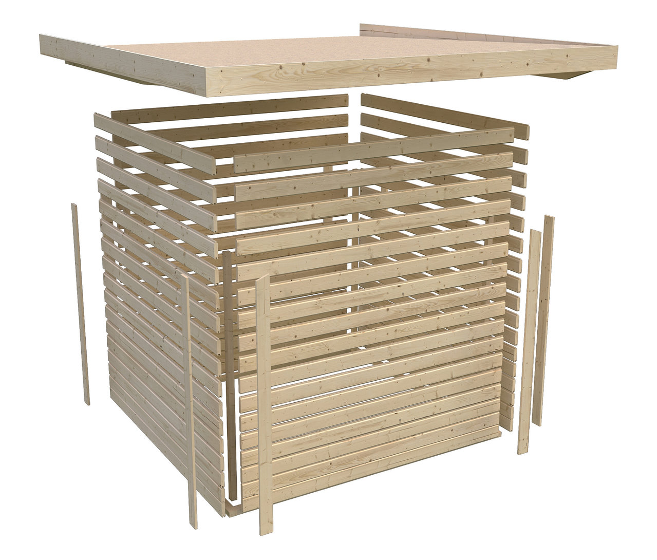 Die Karibu Fahrradgarage für 4 Räder, 19 mm, naturfarben ist im Aufbau zu sehen.