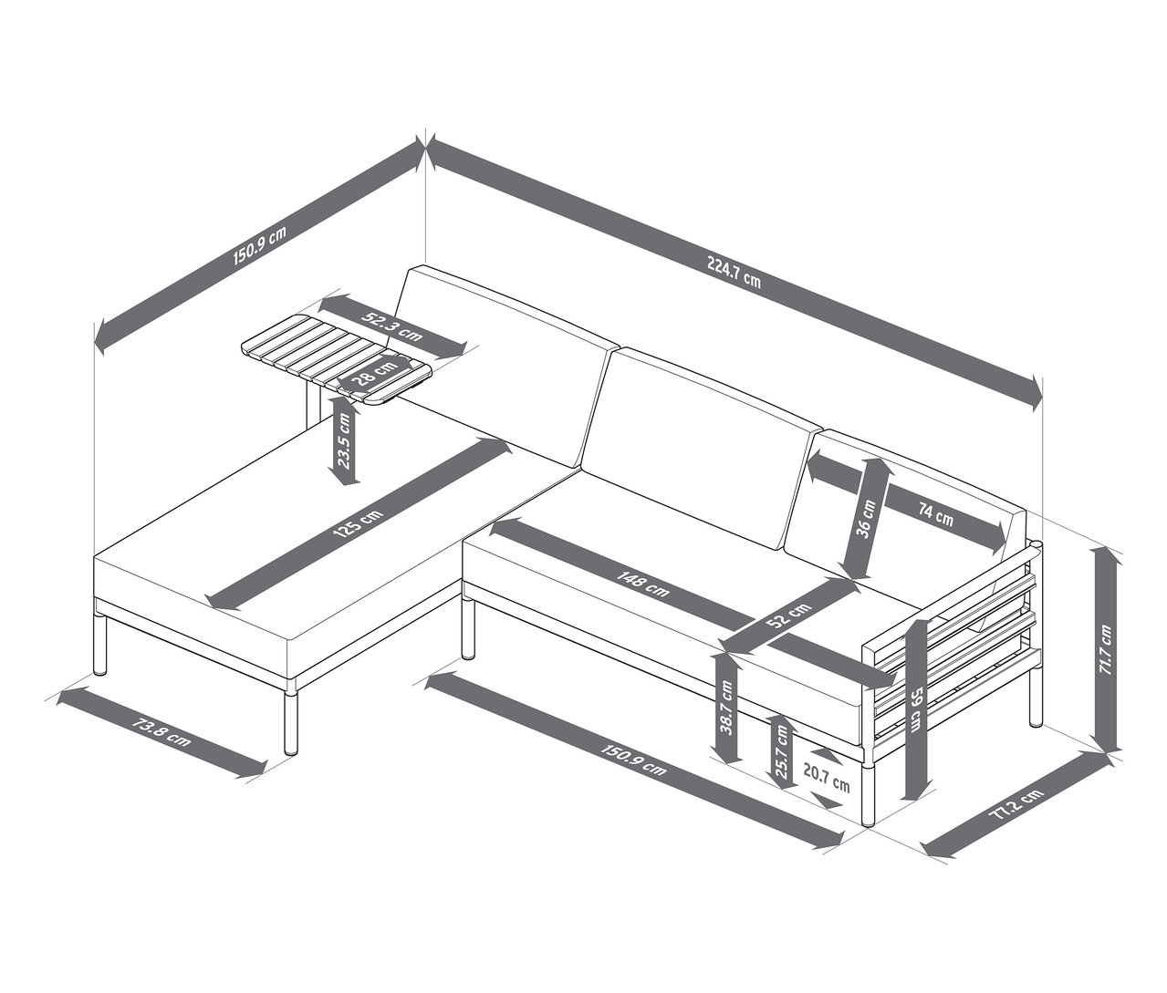 Draufsicht einer Premium-Garten-Lounge-Ecke »Elin« mit Maßangaben.