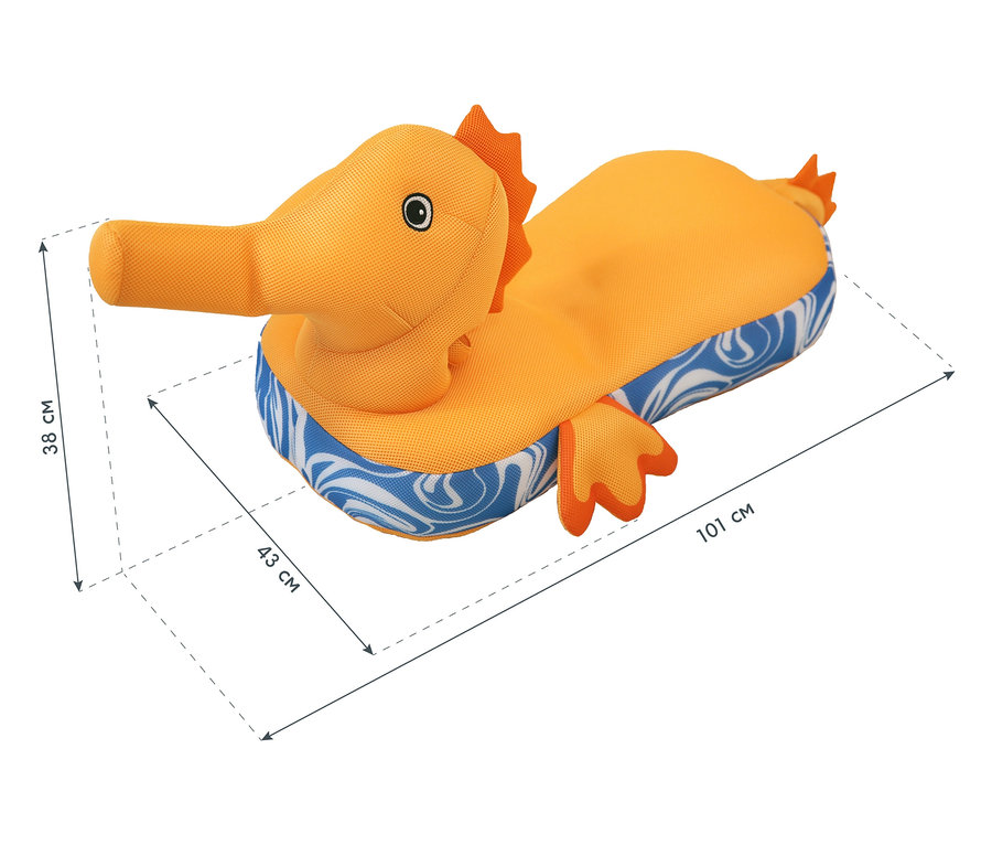 Orangefarbene, aufblasbare Seepferdchen-Liege mit blauen und weißen Wirbeln am Rand und Maßangaben.