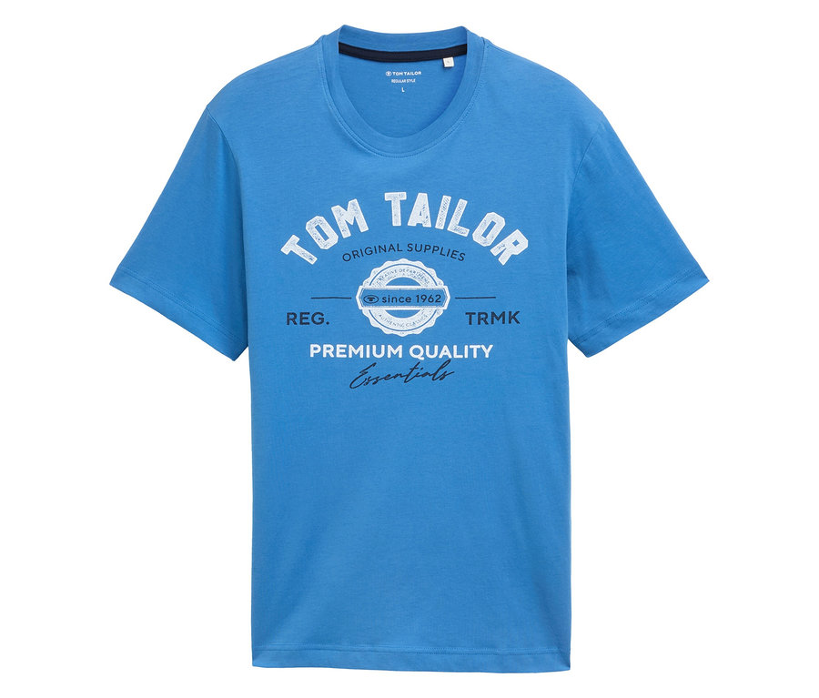 Blaues Tom Tailor T-Shirt mit Aufdruck "Original Supplies, Premium Quality Essentials".