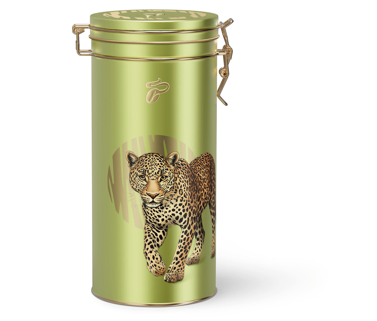 Hellgrüne Kaffeedose Rarität »Buramba Rwanda« mit goldfarbenem Klappverschluss und einem schreitenden Leoparden auf der Vorderseite.