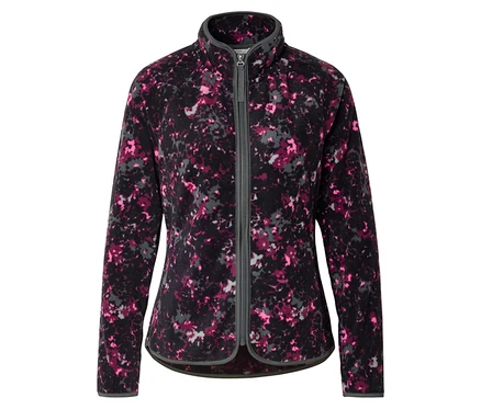 Eine Fleecejacke mit durchgehendem Reißverschluss und einem Muster aus Rosa, Grau und Schwarz.