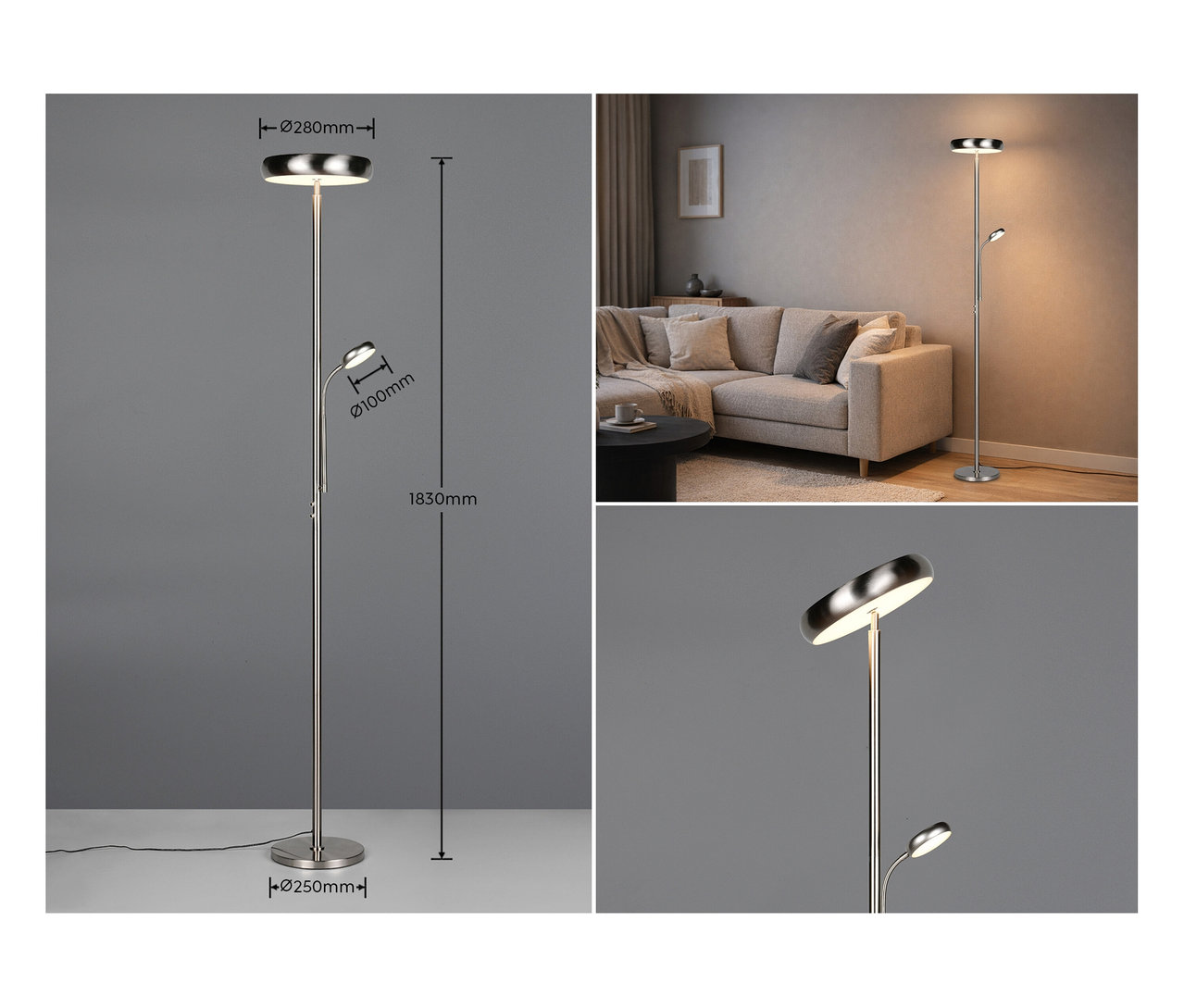 Nickelfarbene Trio Stehleuchte »Palermo« mit Deckenfluter und Leselicht, einmal mit Maßen auf grauem Hintergrund und einmal in einem Wohnzimmer neben einem Sofa.